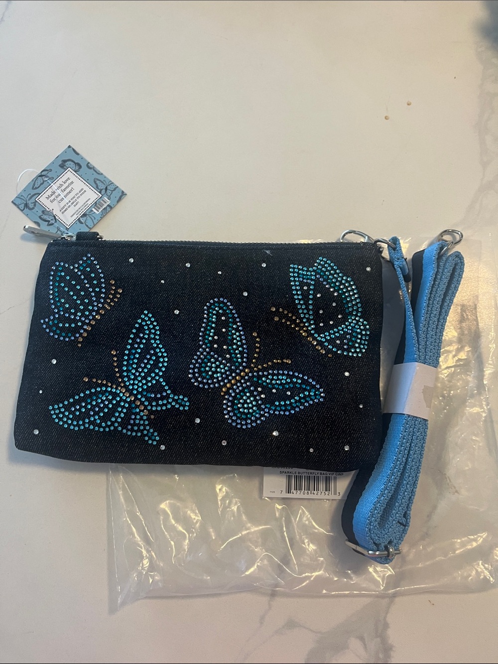 NWT Brighton Denim Butterfly Rhinestone Pattern Crossbody Bag, NICE strap !